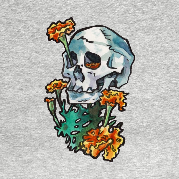 Skull with Marigold Flowers by JenTheTracy